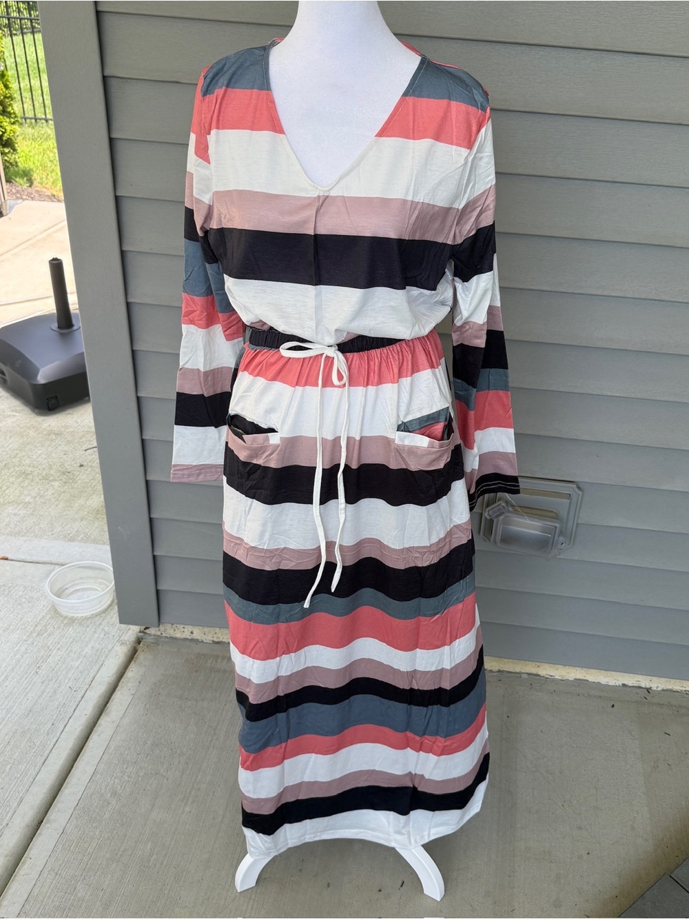 NWOT Women's XL Stripe V-Neck Long Sleeve Maxi Dress w/ Pockets Beach Fall